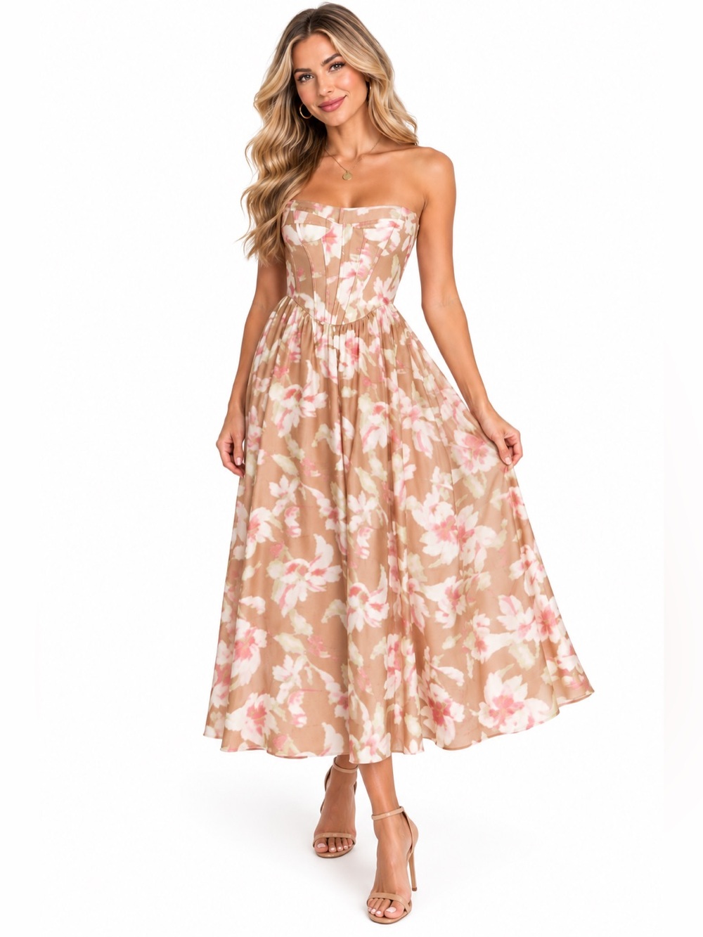 Bardot Lola Corset Midi Dress Floral Maxi Brown & Pink Medium
